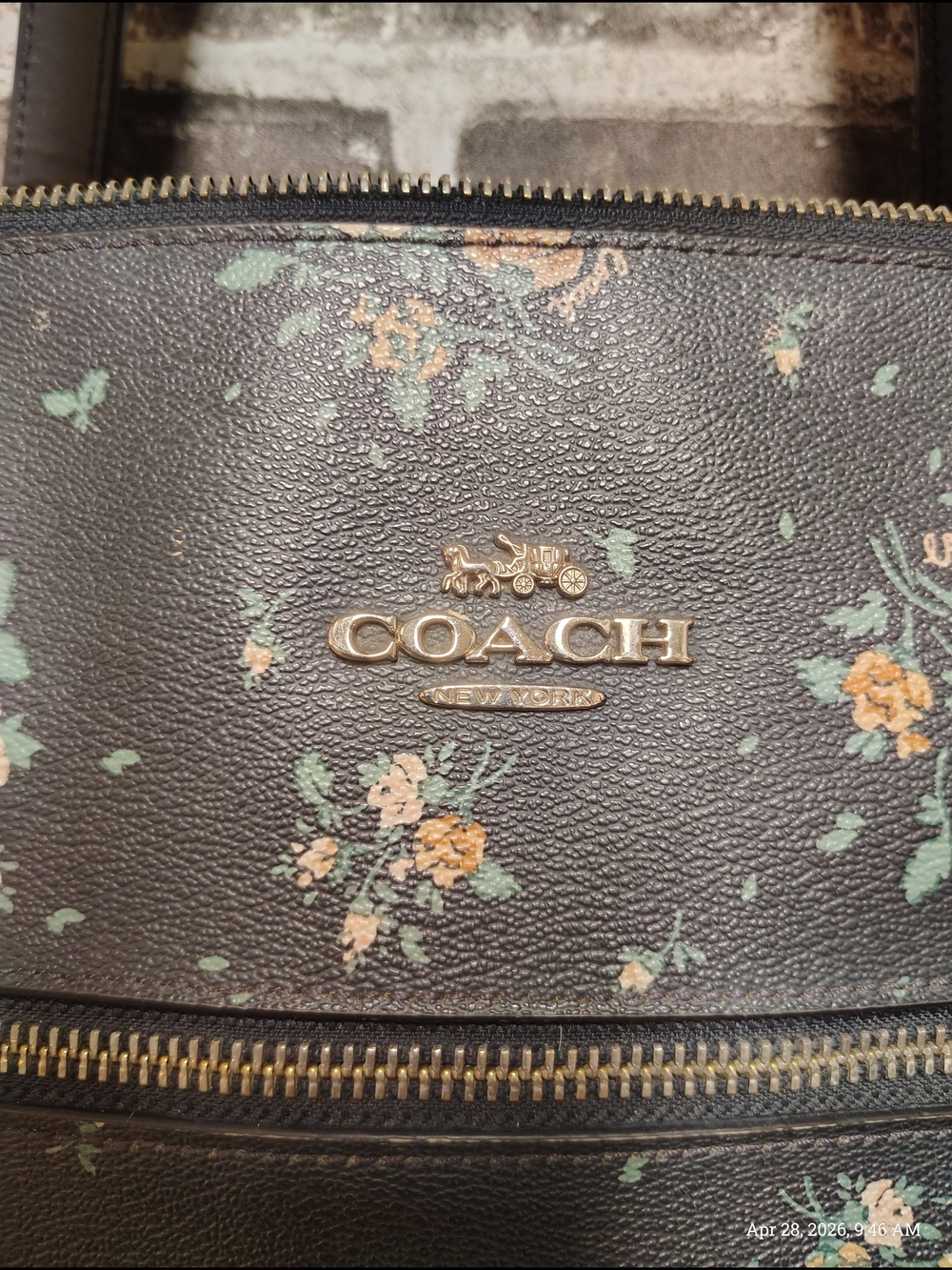 Coach Dark Blue Floral Shoulder Bag Leather With Mint & Peach Accents